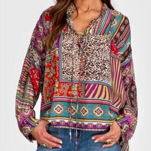 Johnny Was 100% Silk Patch Finn Top - Blouse - Multicolor - Size XS